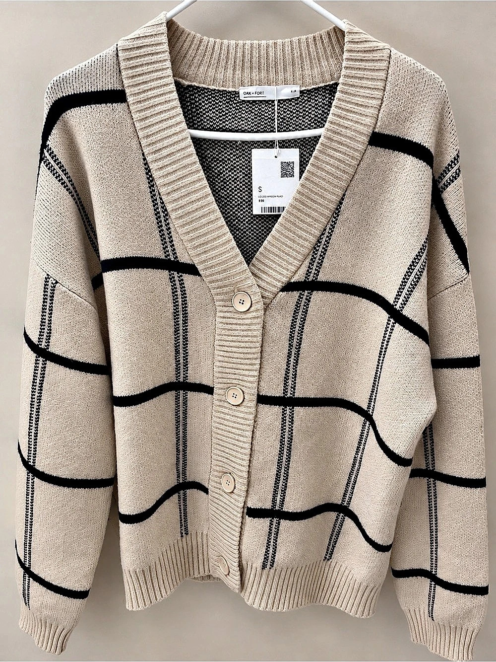 OAK + FORT Geometric Cardigan in Beige & Black NWT
